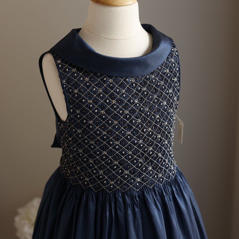 Girl's Silk Dress UNIQUE Smocked Navy Beaded Embroidery Size 8 Special Occasion